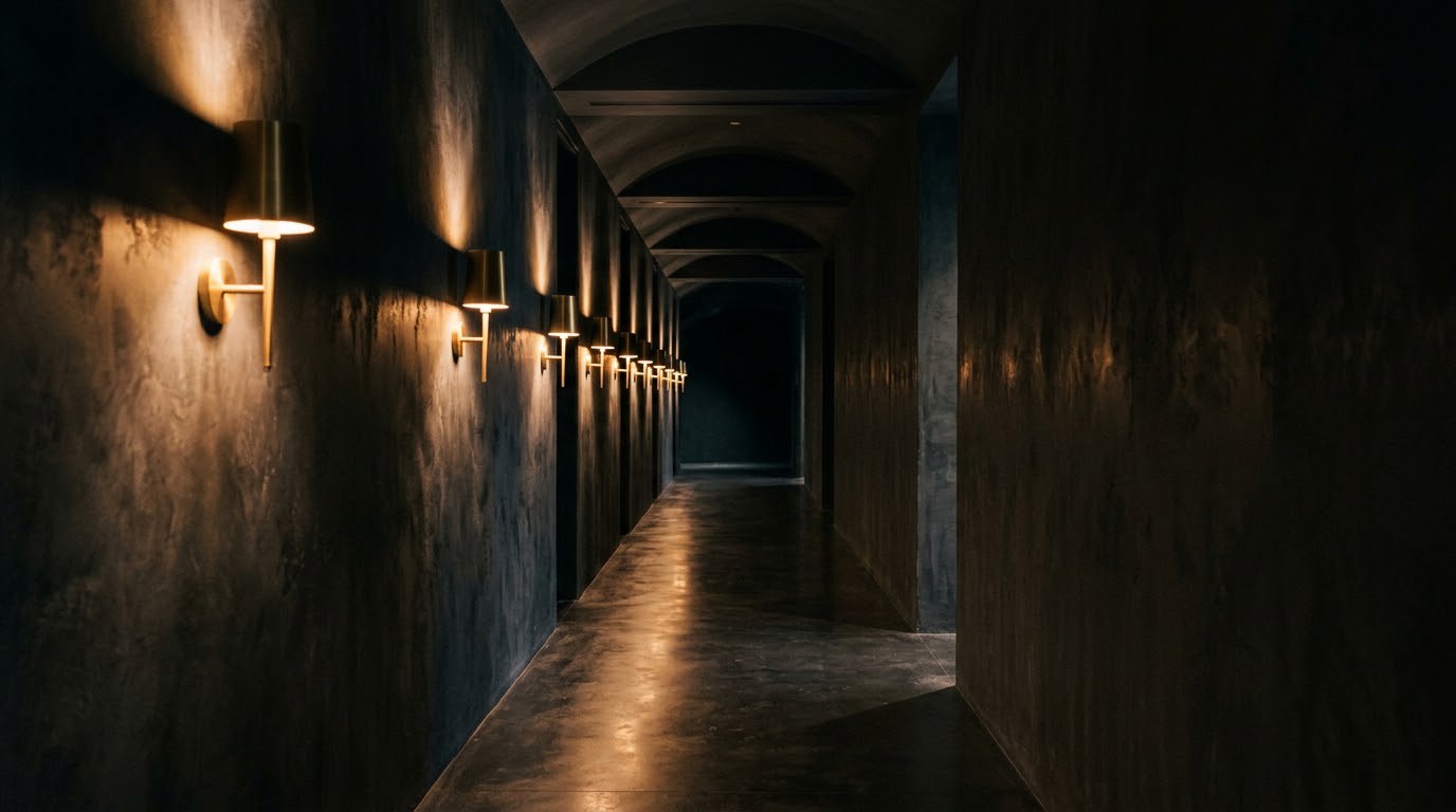 A darkened living room with a sculptural lamp